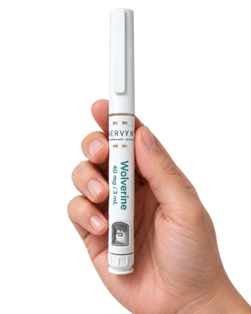 AERVYN Wolverine peptide pen, 40 mg / 3 mL, held in a hand